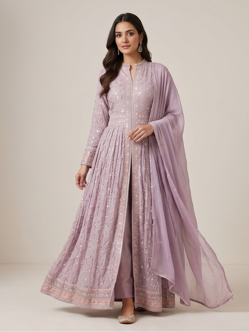 Elegant Lavender Embroidered Anarkali Dress With Dupatta